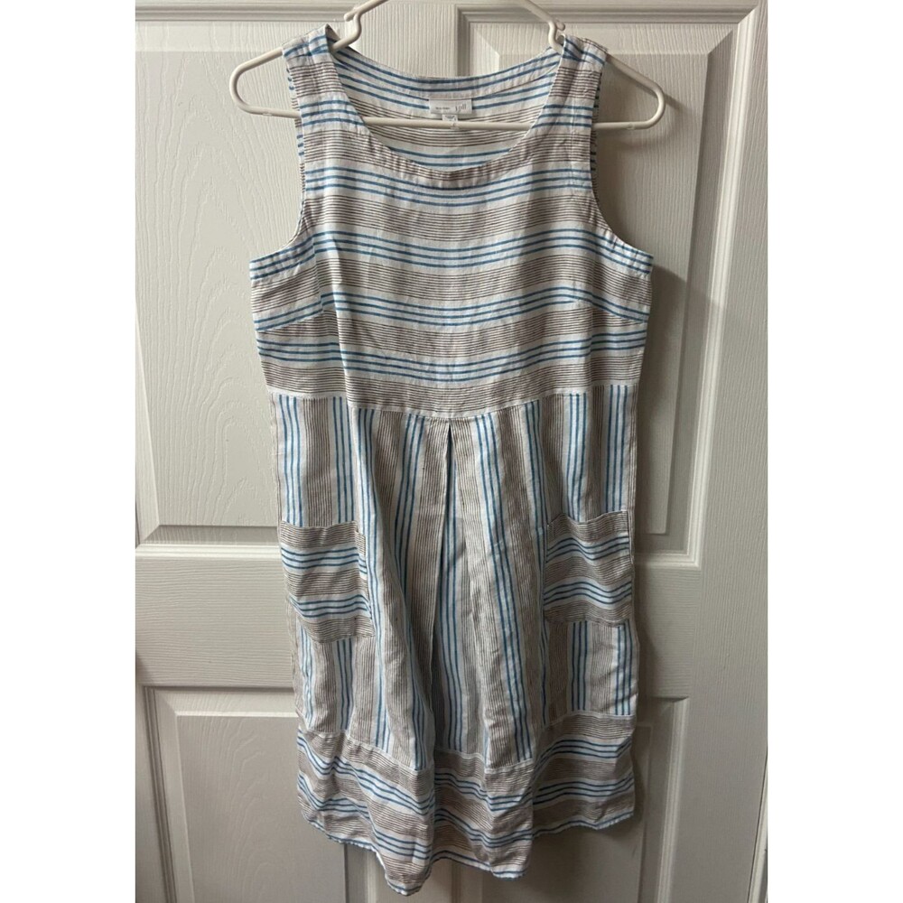 Love Linen J Jill Jumper Dress Womens SP Petite Blue Tan Striped Sleeveless